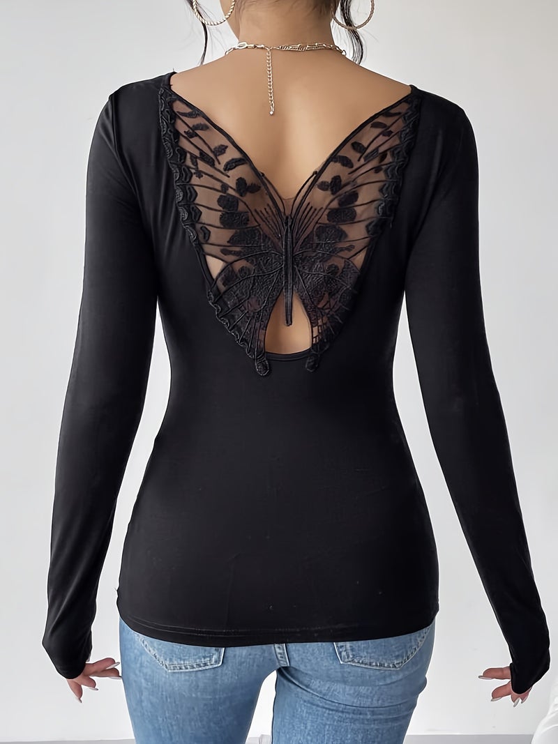 Backless Lace Long Sleeve T-Shirt Elegant Office Top - Image 4