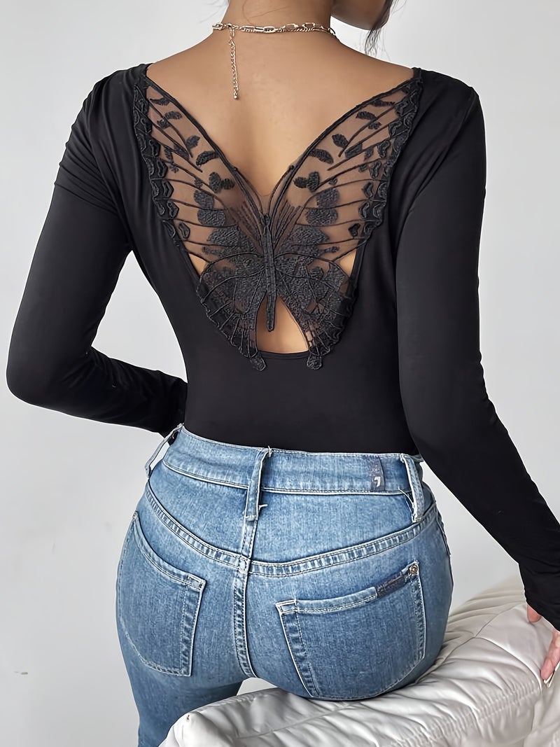 Backless Lace Long Sleeve T-Shirt Elegant Office Top - Image 2