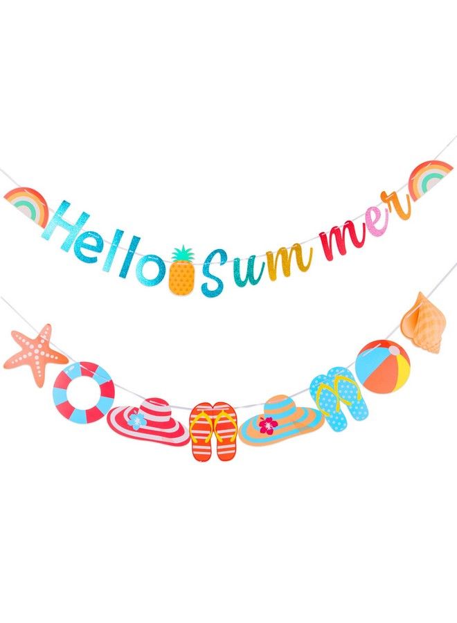 CANIPHA Hello Summer Banner Glitter Beach Patterns Banner Colorful Summer Pool Party Bunting Garland Banner With Rainbow Sign Summer Birthday Beach Party Decorations Supplies Indoor Outdoor Mantle Fireplace - Image 2