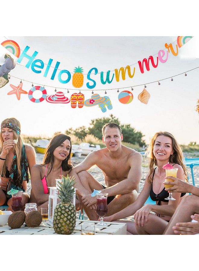 CANIPHA Hello Summer Banner Glitter Beach Patterns Banner Colorful Summer Pool Party Bunting Garland Banner With Rainbow Sign Summer Birthday Beach Party Decorations Supplies Indoor Outdoor Mantle Fireplace - Image 3