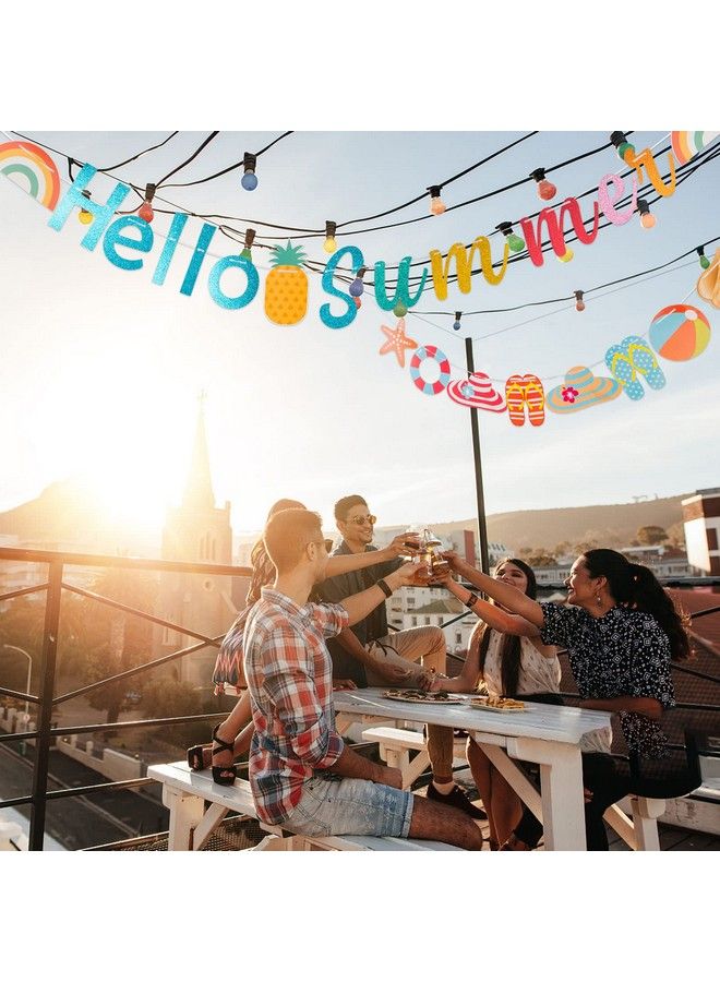 CANIPHA Hello Summer Banner Glitter Beach Patterns Banner Colorful Summer Pool Party Bunting Garland Banner With Rainbow Sign Summer Birthday Beach Party Decorations Supplies Indoor Outdoor Mantle Fireplace - Image 5