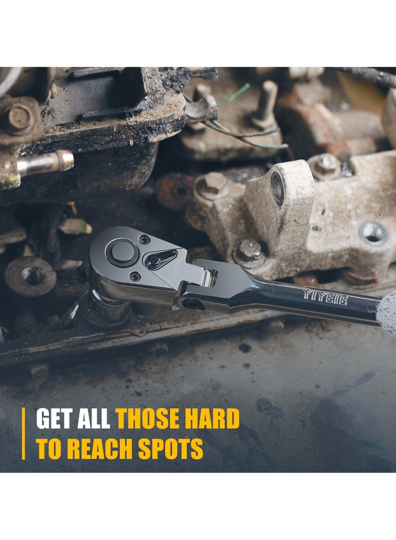 6-Piece Flex Head Ratchet Set, 1/4", 3/8", 1/2" Drive, Swivel Head Ratchet Wrench with Extension Bar, 72 Tooth, 180° Adjustable, Quick-Release, Flexible Ratchet Handle with EVA Foam - Image 2