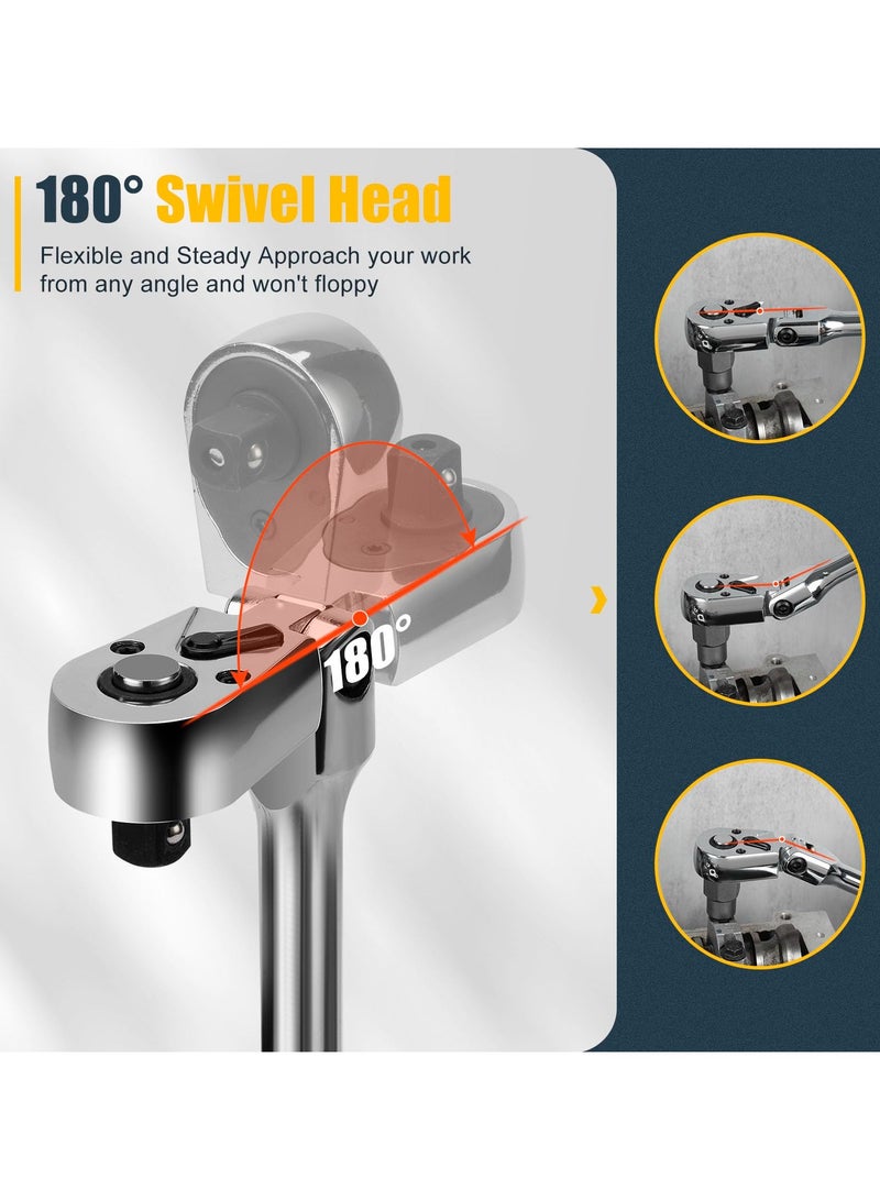 6-Piece Flex Head Ratchet Set, 1/4", 3/8", 1/2" Drive, Swivel Head Ratchet Wrench with Extension Bar, 72 Tooth, 180° Adjustable, Quick-Release, Flexible Ratchet Handle with EVA Foam - Image 4