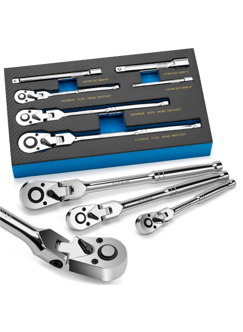 6-Piece Flex Head Ratchet Set, 1/4", 3/8", 1/2" Drive, Swivel Head Ratchet Wrench with Extension Bar, 72 Tooth, 180° Adjustable, Quick-Release, Flexible Ratchet Handle with EVA Foam - Image 1