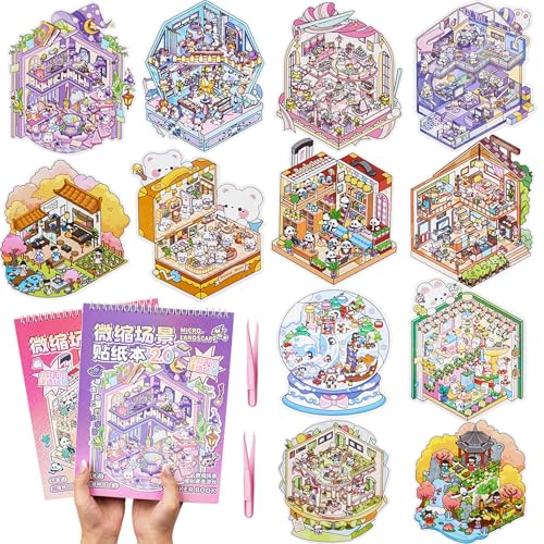 Aifong 2 Books Big Size DIY 3D House Stickers Book with 12 Pcs of 3D Scene Stickers Miniature Scene Therapy Sticker for Relief Stress Pass The Time 106 x 79 Inch - Image 1