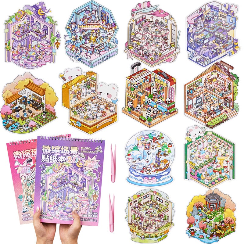 Aifong 2 Books Big Size DIY 3D House Stickers Book with 12 Pcs of 3D Scene Stickers Miniature Scene Therapy Sticker for Relief Stress Pass The Time 106 x 79 Inch - Image 2
