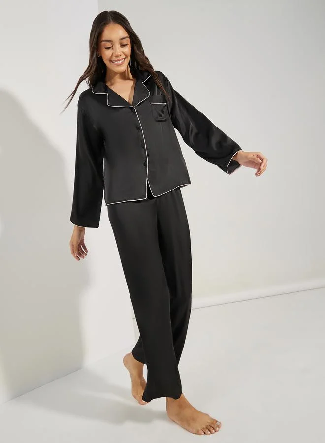 Styli Solid Piped Button Through Shirt & Pyjama Set