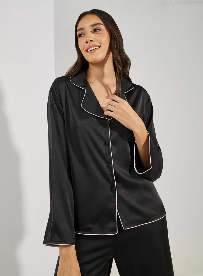 Styli Solid Piped Button Through Shirt & Pyjama Set