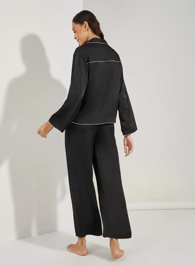 Styli Solid Piped Button Through Shirt & Pyjama Set