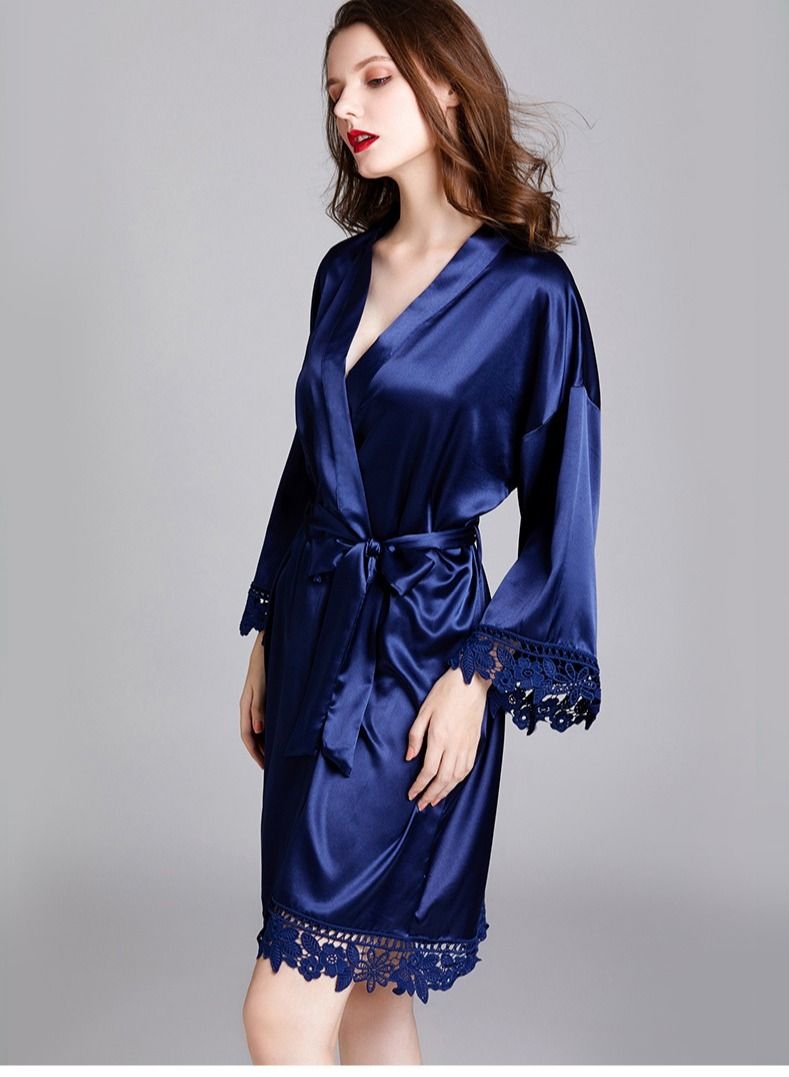 NIBEMINENT Ladies Night Gown Long-sleeved Plus Size Silk Home Bathrobe Pajamas  - Image 2