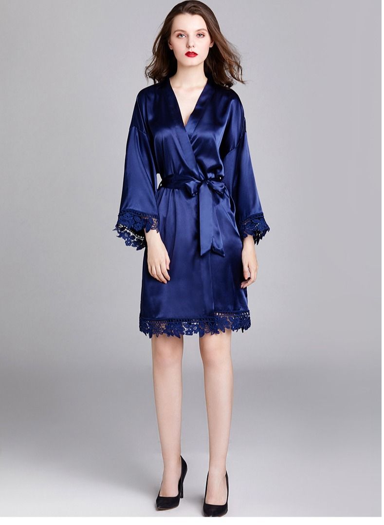 NIBEMINENT Ladies Night Gown Long-sleeved Plus Size Silk Home Bathrobe Pajamas  - Image 4