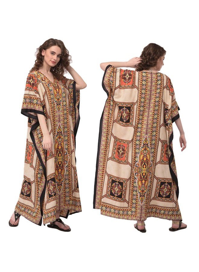 Oussum Ladies Kaftans Kimono Maxi Style Dresses Long Printed Caftan Beach Dress Women Plus Size Evening Gown, Beige, One Size Plus - Image 1