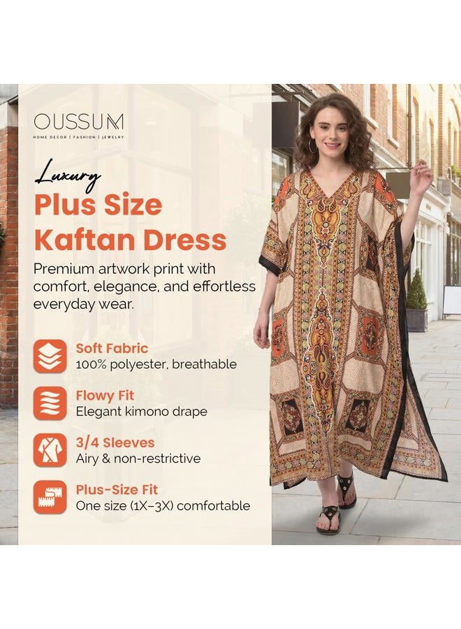 Oussum Ladies Kaftans Kimono Maxi Style Dresses Long Printed Caftan Beach Dress Women Plus Size Evening Gown, Beige, One Size Plus - Image 2