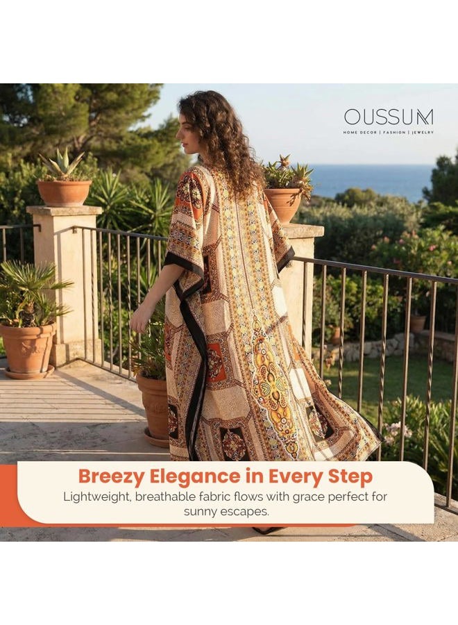 Oussum Ladies Kaftans Kimono Maxi Style Dresses Long Printed Caftan Beach Dress Women Plus Size Evening Gown, Beige, One Size Plus - Image 4