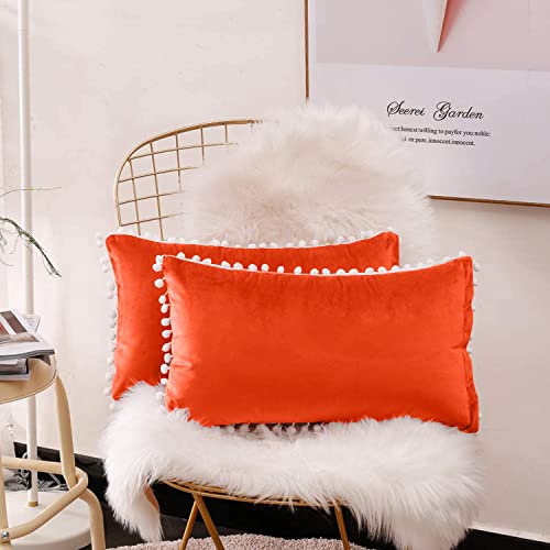 CottonFry Set of 2 Cushion Covers/Throw Pillow Covers Size 12"X12" Inches with Pom Poms, Soft Square Velvet Pillowcases Home Decor (Orange, Pack of 2) - Image 1