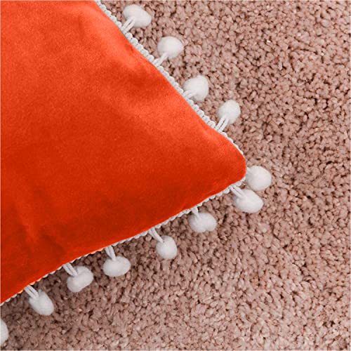 CottonFry Set of 2 Cushion Covers/Throw Pillow Covers Size 12"X12" Inches with Pom Poms, Soft Square Velvet Pillowcases Home Decor (Orange, Pack of 2) - Image 4