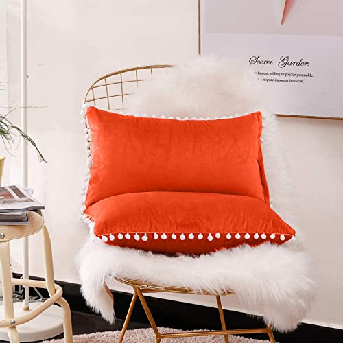 CottonFry Set of 2 Cushion Covers/Throw Pillow Covers Size 12"X12" Inches with Pom Poms, Soft Square Velvet Pillowcases Home Decor (Orange, Pack of 2) - Image 2