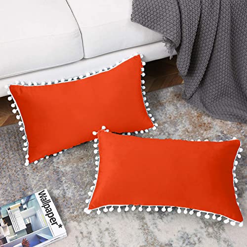CottonFry Set of 2 Cushion Covers/Throw Pillow Covers Size 12"X12" Inches with Pom Poms, Soft Square Velvet Pillowcases Home Decor (Orange, Pack of 2) - Image 3
