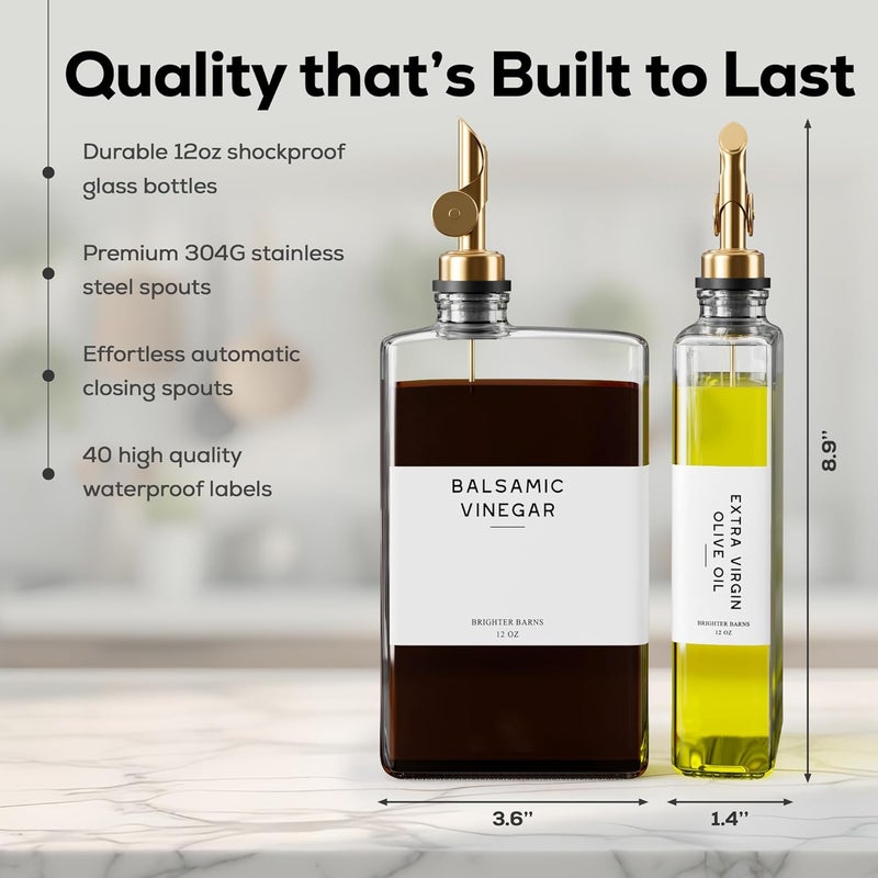 Brighter Barns Glass Olive Oil Dispenser Bottle for Kitchen by - Coffee Syrup Dispenser, Oil and Vinegar Bottle - Modern Kitchen Essentials for Restaurants, Coffee Bar, Airbnb (Clear/Gold, Set of 2) - Image 3