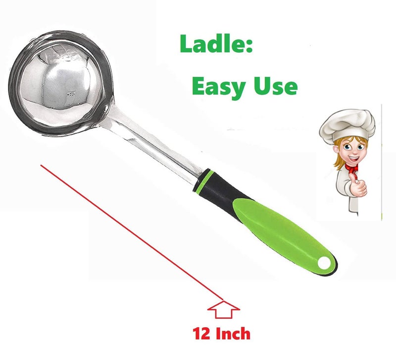 Stotram Stainless Steel Cooking and Serving Spoon SetSteel Spoon and with Plastic Handles Pack of 5 Different Spoons in a Set Green - Image 3