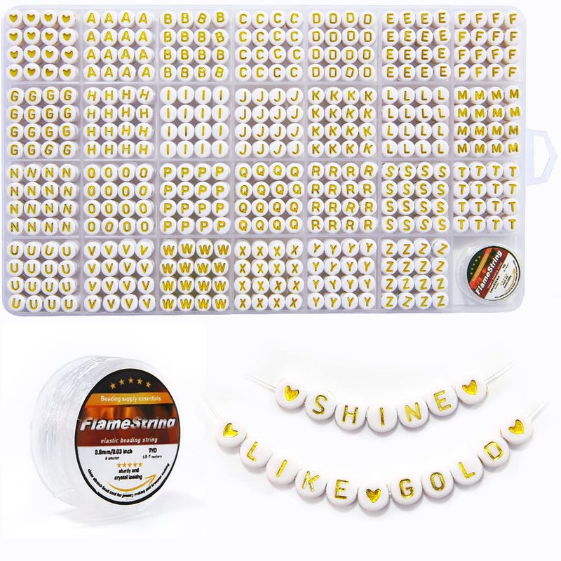 Eppingwin 1400pcs Letter Beads 4x7mm Gold  White Round Acrylic Alphabet Jewelry Making