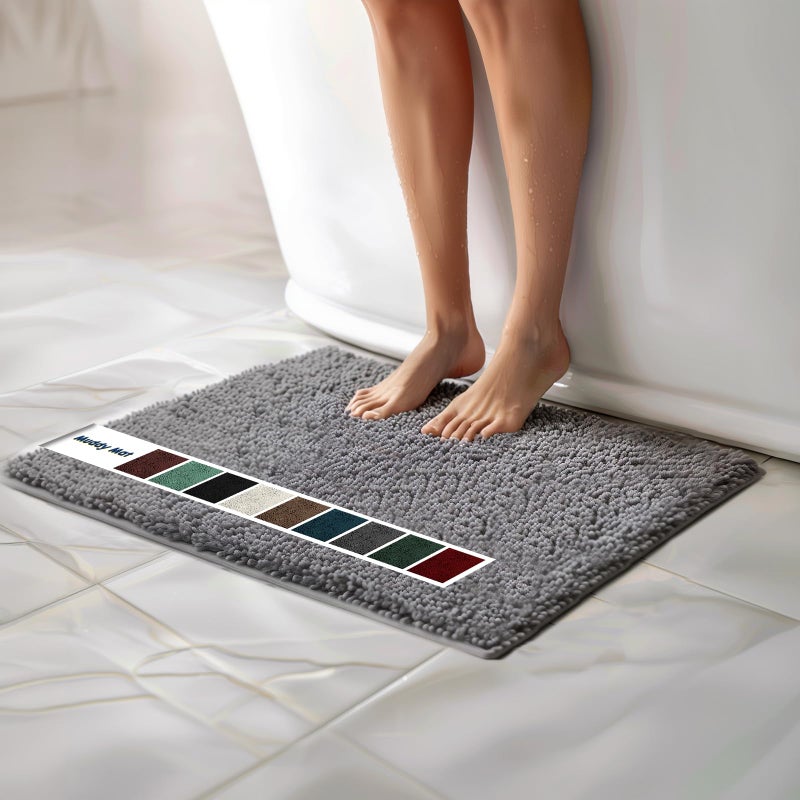 Muddy Mat Chenille Bathroom Rugs Quick Dry Microfiber Mats Non Slip Washable Extra Thick Soft and Highly Absorbent Bath Mats for Bathroom Kitchen and Shower Floor  Grey Medium 30X19