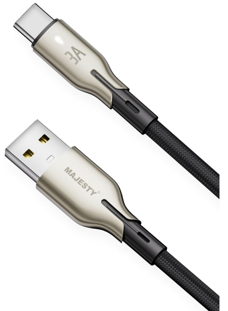 Majesty USB A to USB-C Charger Cable Braided 45W (15V/3A) High Quality Zinc Alloy Fast Charging Cord Compatible with Samsung, MacBook Pro, Nintendo Switch and More - Black (1M)" - Image 1