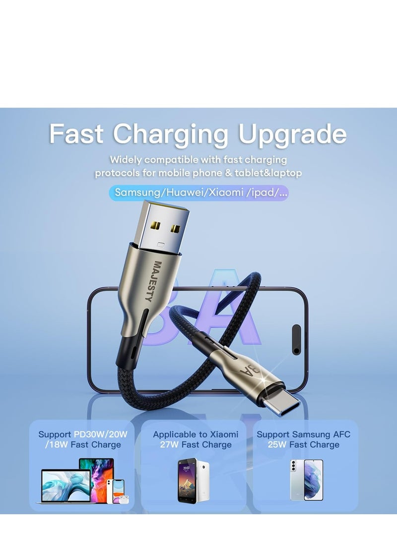 Majesty USB A to USB-C Charger Cable Braided 45W (15V/3A) High Quality Zinc Alloy Fast Charging Cord Compatible with Samsung, MacBook Pro, Nintendo Switch and More - Black (1M)" - Image 2