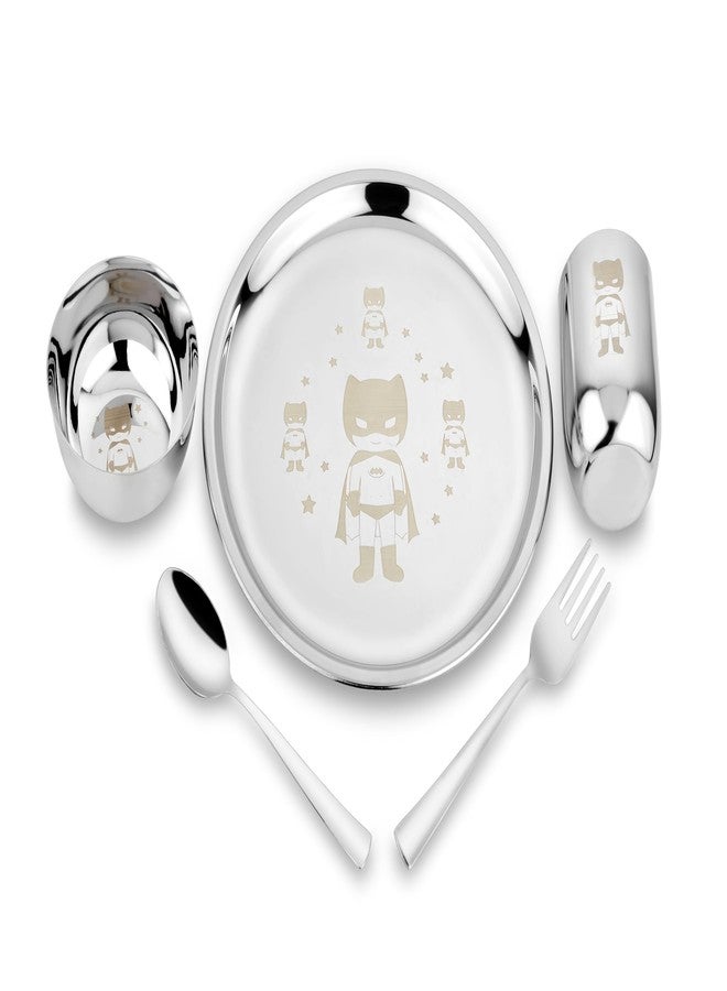 KITCHEN CLUE 304 Grade Stainless Steel Dinner Set for Kids - 1 Plate, 1 Curry Bowl, 1 Glass, 1 Spoon & 1 Fork - BIS Approved, Permanent Laser Engraving - Steel Kids Thali Set of 5 Pieces - Image 1