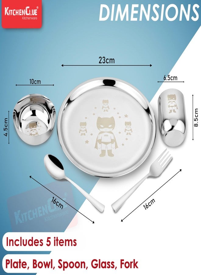 KITCHEN CLUE 304 Grade Stainless Steel Dinner Set for Kids - 1 Plate, 1 Curry Bowl, 1 Glass, 1 Spoon & 1 Fork - BIS Approved, Permanent Laser Engraving - Steel Kids Thali Set of 5 Pieces - Image 4