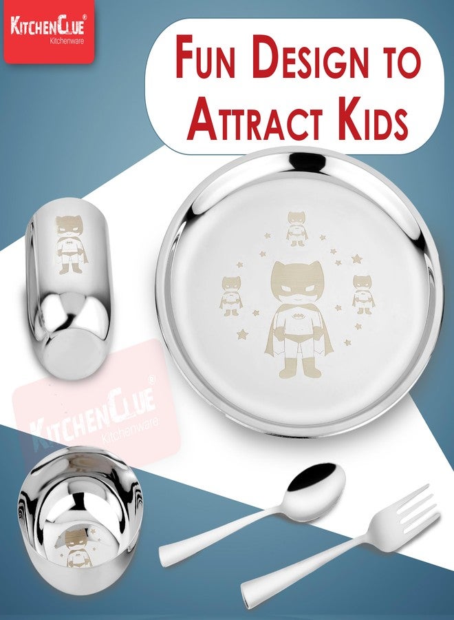 KITCHEN CLUE 304 Grade Stainless Steel Dinner Set for Kids - 1 Plate, 1 Curry Bowl, 1 Glass, 1 Spoon & 1 Fork - BIS Approved, Permanent Laser Engraving - Steel Kids Thali Set of 5 Pieces - Image 3