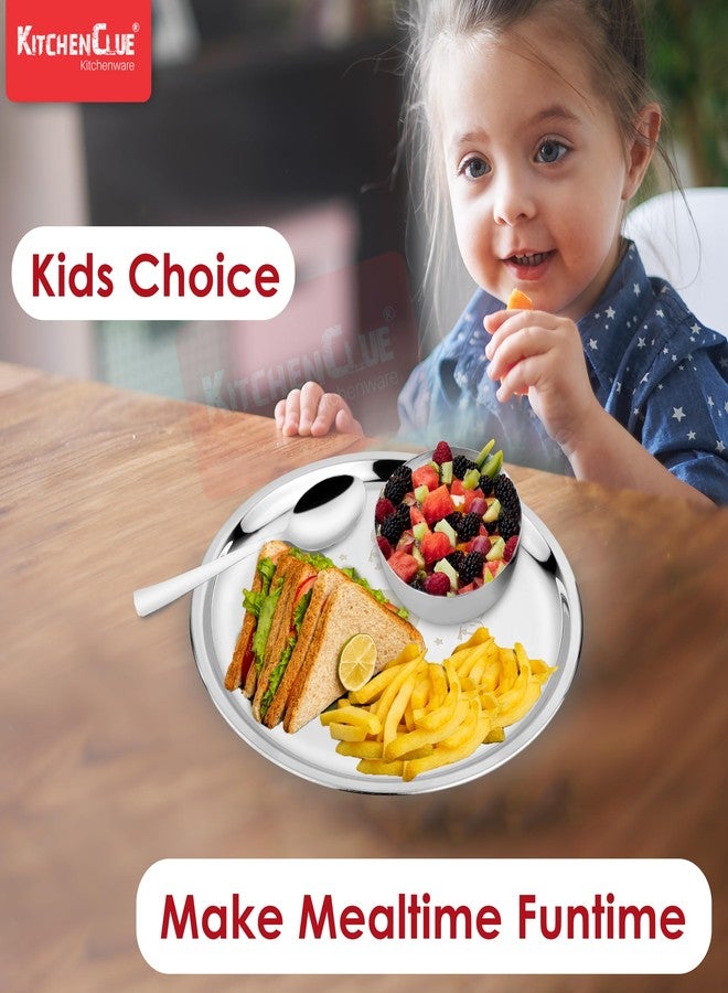 KITCHEN CLUE 304 Grade Stainless Steel Dinner Set for Kids - 1 Plate, 1 Curry Bowl, 1 Glass, 1 Spoon & 1 Fork - BIS Approved, Permanent Laser Engraving - Steel Kids Thali Set of 5 Pieces - Image 5