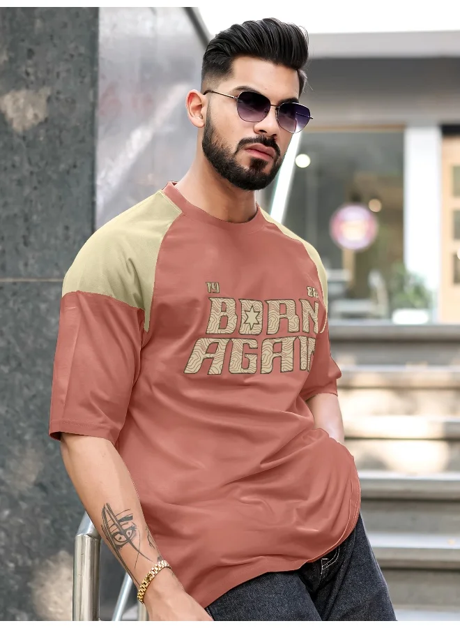 Maniac Maniac Mens Printed Round Neck Raglan Half Sleeve Onion and Beige Cotton T-Shirt