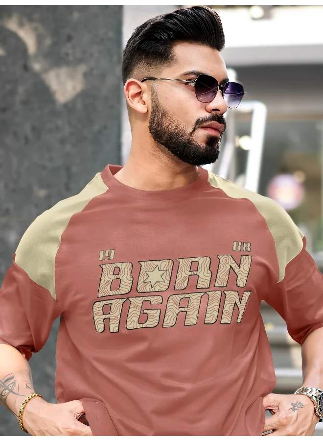 Maniac Maniac Mens Printed Round Neck Raglan Half Sleeve Onion and Beige Cotton T-Shirt