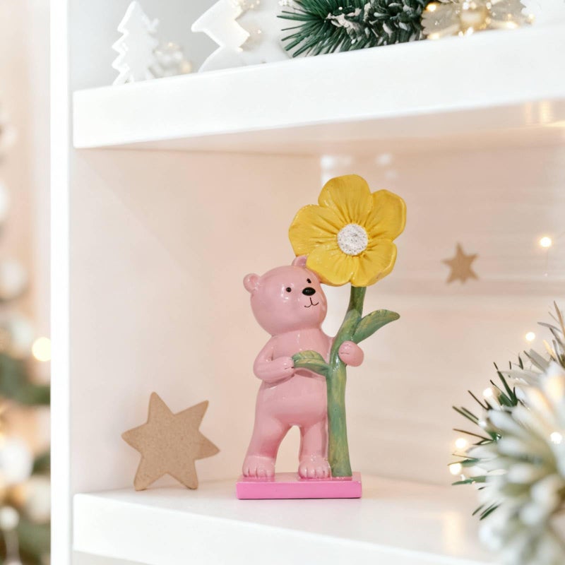 DiliComing Pink Bear Statue Decor - 8 inch Resin Animal Crafts Figurine - Cute Handmade Small Sculpture for Desktop Shelf DÃ©cor, 8 x 4 x 2.75 inches - Image 3