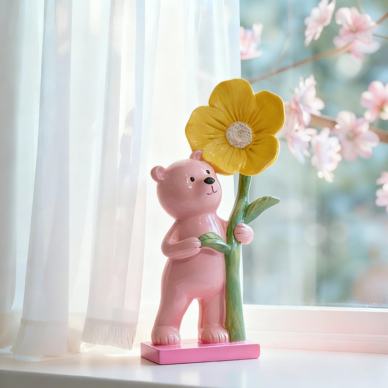 DiliComing Pink Bear Statue Decor - 8 inch Resin Animal Crafts Figurine - Cute Handmade Small Sculpture for Desktop Shelf DÃ©cor, 8 x 4 x 2.75 inches - Image 1