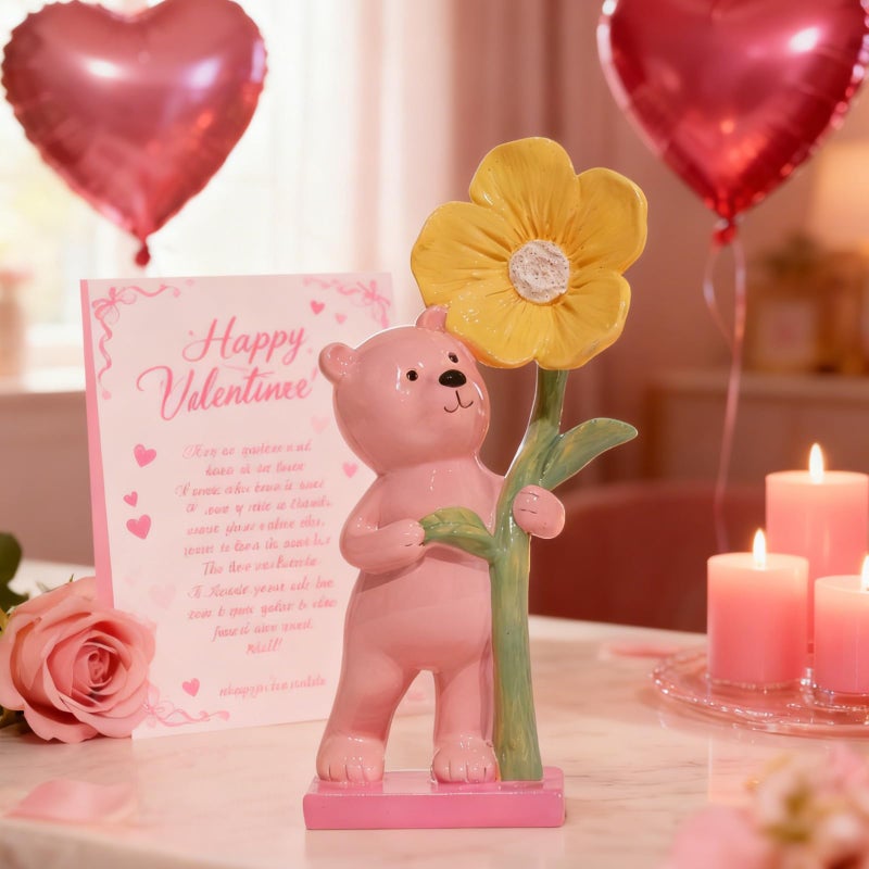 DiliComing Pink Bear Statue Decor - 8 inch Resin Animal Crafts Figurine - Cute Handmade Small Sculpture for Desktop Shelf DÃ©cor, 8 x 4 x 2.75 inches - Image 2
