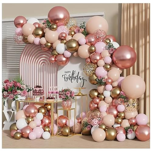 Blocesa Rose Gold Balloon Garland Kit, Nude Pastel Pink Metallic Gold Matte White Balloons Gold and Rose Gold Confetti Balloons for Wedding Bridal Shower Princess Party Girl Birthday Decorations - Image 1