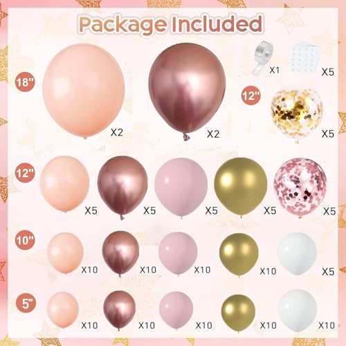 Blocesa Rose Gold Balloon Garland Kit, Nude Pastel Pink Metallic Gold Matte White Balloons Gold and Rose Gold Confetti Balloons for Wedding Bridal Shower Princess Party Girl Birthday Decorations - Image 2