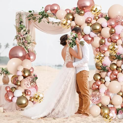 Blocesa Rose Gold Balloon Garland Kit, Nude Pastel Pink Metallic Gold Matte White Balloons Gold and Rose Gold Confetti Balloons for Wedding Bridal Shower Princess Party Girl Birthday Decorations - Image 5