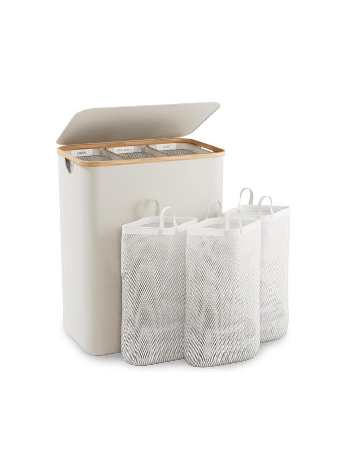 XVersion Laundry Basket  with 3 Compartments, Lid, Bamboo Handles & Removable Washable Bags - Foldable, Beige, Large Capacity for Sorting Clothes, Toys, and Duvets - Image 1