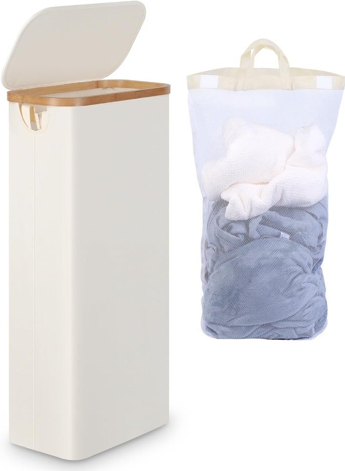 XVersion Laundry Basket  with 3 Compartments, Lid, Bamboo Handles & Removable Washable Bags - Foldable, Beige, Large Capacity for Sorting Clothes, Toys, and Duvets - Image 2