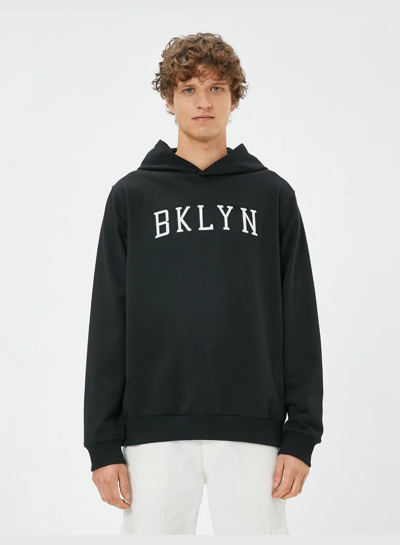KOTON Hooded Slogan Embroidered Long Sleeve Sweat