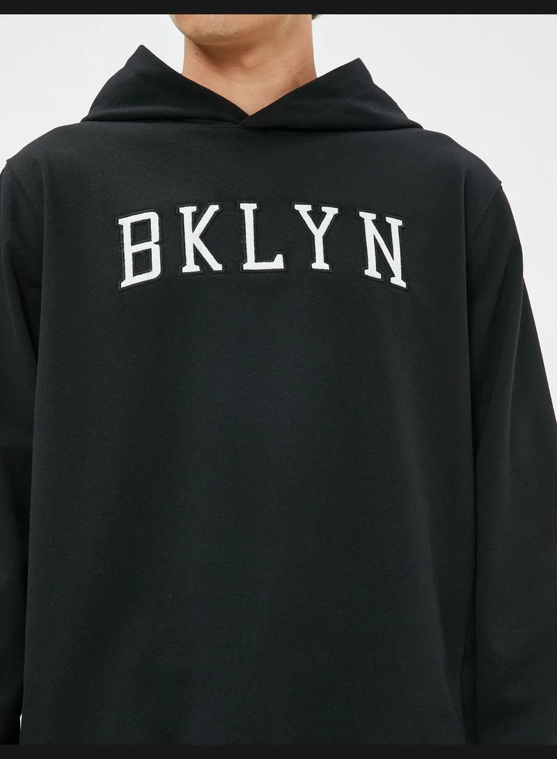KOTON Hooded Slogan Embroidered Long Sleeve Sweat