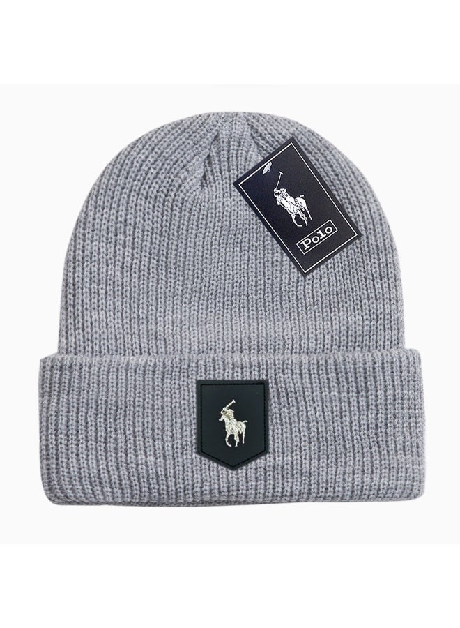 قبعة بوني رمادية محبوكة، شعار بوني الكلاسيكي، قبعة دافئة للجمجمة