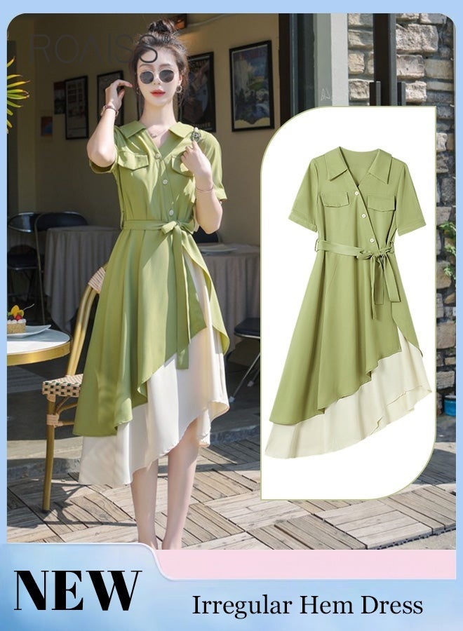 Women's Shirt Dress with Buttons, Simple Solid Half Sleeve Midi Dress, Women's Dresses Irregular Hem Solid Color Summer Dress A-Line High-Waisted Belted Polo Dress with Pockets, Green - Image 1