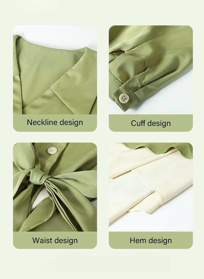 Women's Shirt Dress with Buttons, Simple Solid Half Sleeve Midi Dress, Women's Dresses Irregular Hem Solid Color Summer Dress A-Line High-Waisted Belted Polo Dress with Pockets, Green - Image 2