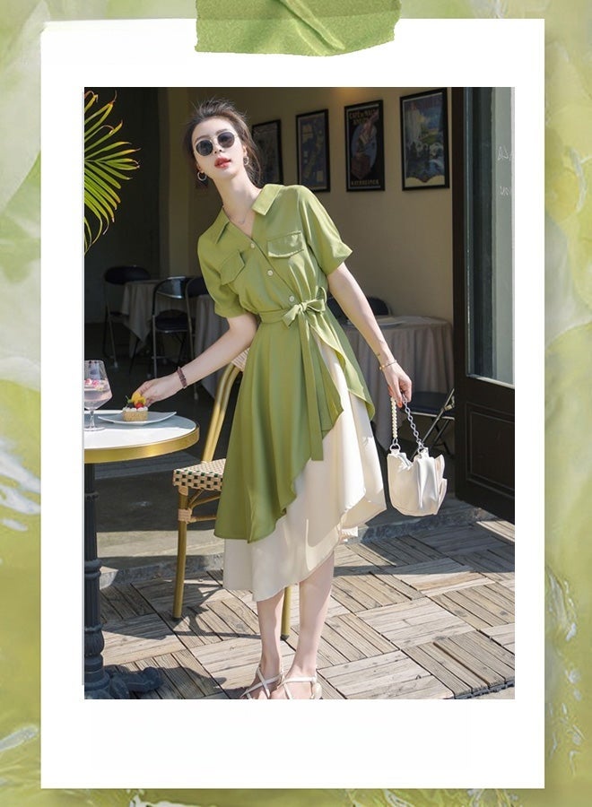 Women's Shirt Dress with Buttons, Simple Solid Half Sleeve Midi Dress, Women's Dresses Irregular Hem Solid Color Summer Dress A-Line High-Waisted Belted Polo Dress with Pockets, Green - Image 3