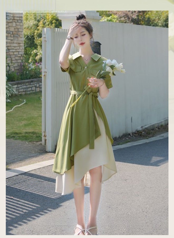 Women's Shirt Dress with Buttons, Simple Solid Half Sleeve Midi Dress, Women's Dresses Irregular Hem Solid Color Summer Dress A-Line High-Waisted Belted Polo Dress with Pockets, Green - Image 4