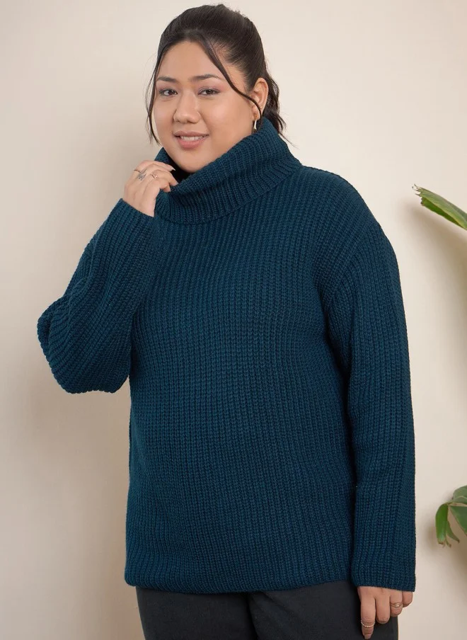 CURVY STREET Teal Blue Plus Size Ribbed Turtle Neck Pullover for Women